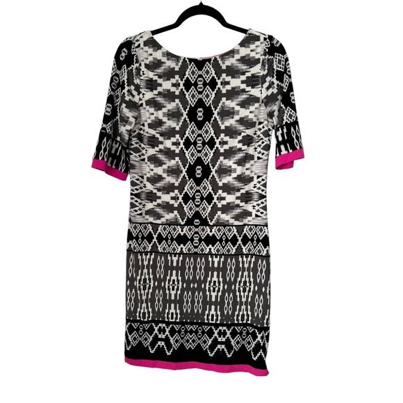 Eliza J Dress Size 8 Pink White Aztec Geometric Print Short Sleeve Sheath Lined - Picture 1 of 10